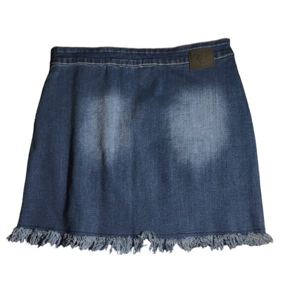 Plus Size Western Frayed Hem Denim Mini Skirt Stretchy Cowgirl Rocker Sz 14 - Picture 6 of 12